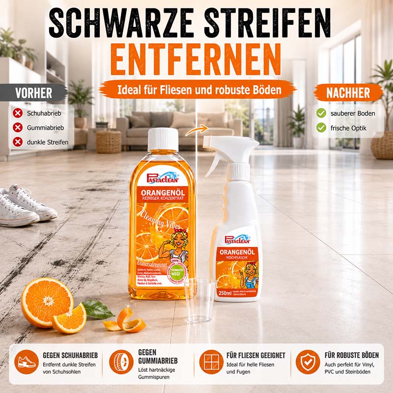 Pastaclean Orangenöl Reiniger Konzentrat, ideal für Fliesen und robuste Böden, entfernt schwarze Streifen, Schuhabrieb und hartnäckige Gummiflecken, 3x 500 ml