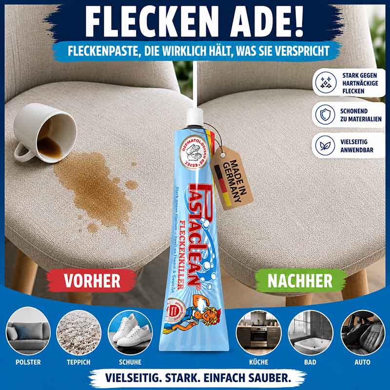 Fleckenpaste Fleckenentferner, 4x 100ml, stark gegen hartnäckige Flecken, schonend zu Materialien, vielseitig anwendbar, geeignet für Polster, Teppich, Schuhe, Küche, Bad, Auto, Made in Germany.