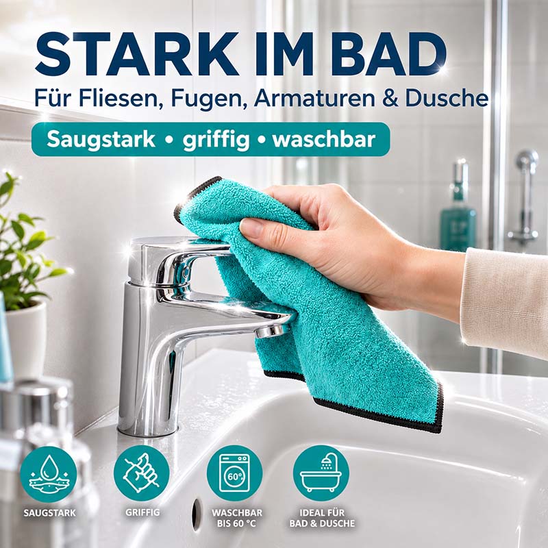 Flauschtücher 10tlg für Fliesen, Fugen, Armaturen und Dusche, saugstark, griffig und waschbar bis 60°C, ideal für Bad und Dusche Reinigung.