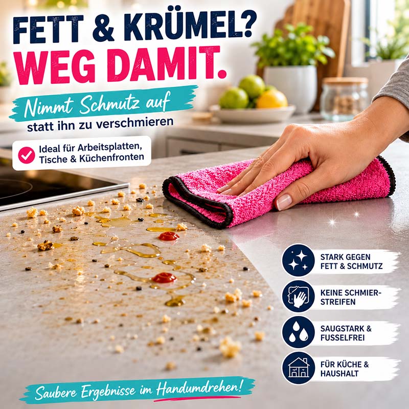 Flauschtücher 10tlg. für Küche und Haushalt, stark gegen Fett und Schmutz, ideal für Arbeitsplatten, Tische und Küchenfronten, saugstark und fusselfrei für saubere Ergebnisse ohne Schmierstreifen.