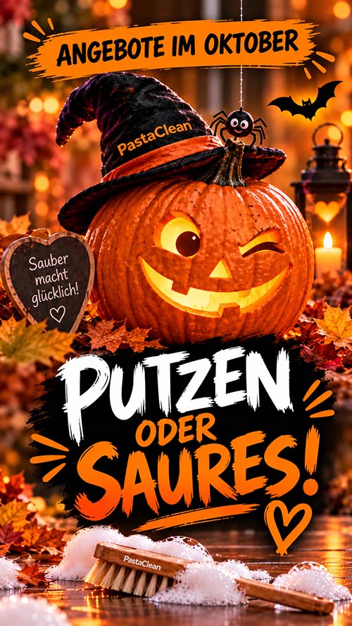 Pastaclean Angebote im Oktober mit Halloween-Motiv, Kürbis mit Hexenhut, Besen und Dekoration im Halloween-Stil.