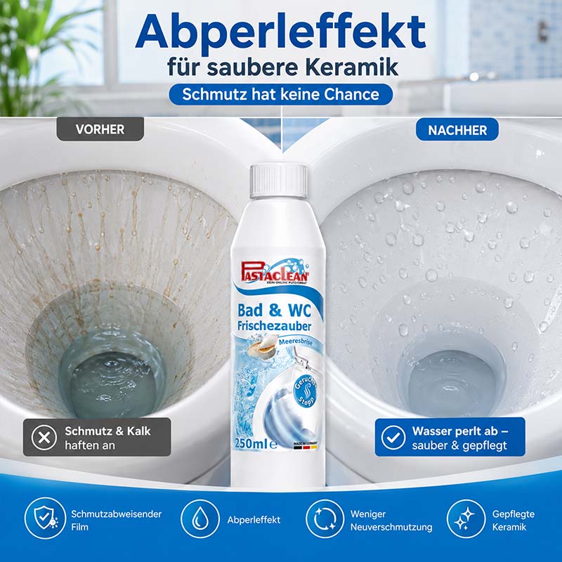 Bad & WC Frischezauber Duftspray Meeresbrise, 2x 250ml, Abperleffekt, entfernt Schmutz und Kalk, saubere Keramik, schmutzabweisender Film, weniger Neuverschmutzung, gepflegte Keramik, Frischeduft Badezimmer Reiniger, Toilettenreinigung
