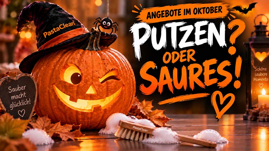 Pastaclean Reinigungsbürste für Oberflächenpflege, ideal für herbstliche Sauberkeit, mit Kürbis Dekoration für Halloween, kreative Reinigungslösung von Pastaclean im Oktober-Angebot.