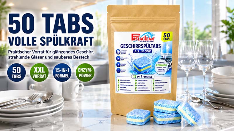 Geschirrspültabs Packung 50 Tabs, All-in-One, kraftvolle Reinigung, 15-in-1 Formel, XXL Vorrat, enzymbasiert, glänzendes Geschirr, strahlende Gläser, sauberes Besteck, Pastaclean, Küche, Spülmaschine, Haushalt, Reinigungstabs, Tischgedeck