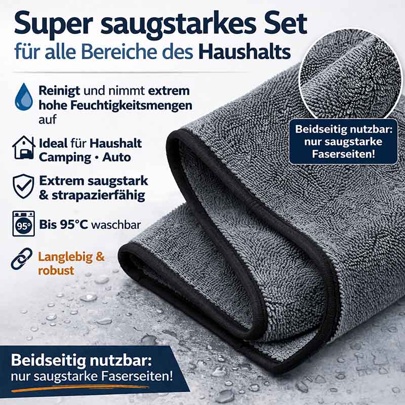 Trockentuch Set Grau Fast Dry Micro Magic, 2-teilig, für Auto, Dusche, Haushalt, extrem saugstark, strapazierfähig, bis 95°C waschbar, beide Seiten nutzbar, ideal für Haushalt, Camping, Auto, langlebig, robust, hohe Feuchtigkeitsaufnahme.