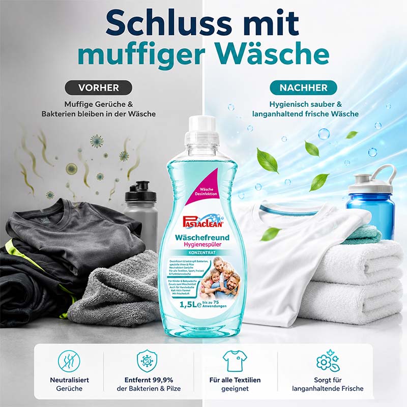 Wäschefreund Hygienespüler 1,5L, neutralisiert Gerüche, entfernt 99,9% Bakterien und Pilze, für alle Textilien geeignet, sorgt für langanhaltende Frische, Bild mit Produktflasche und frischen Handtüchern.