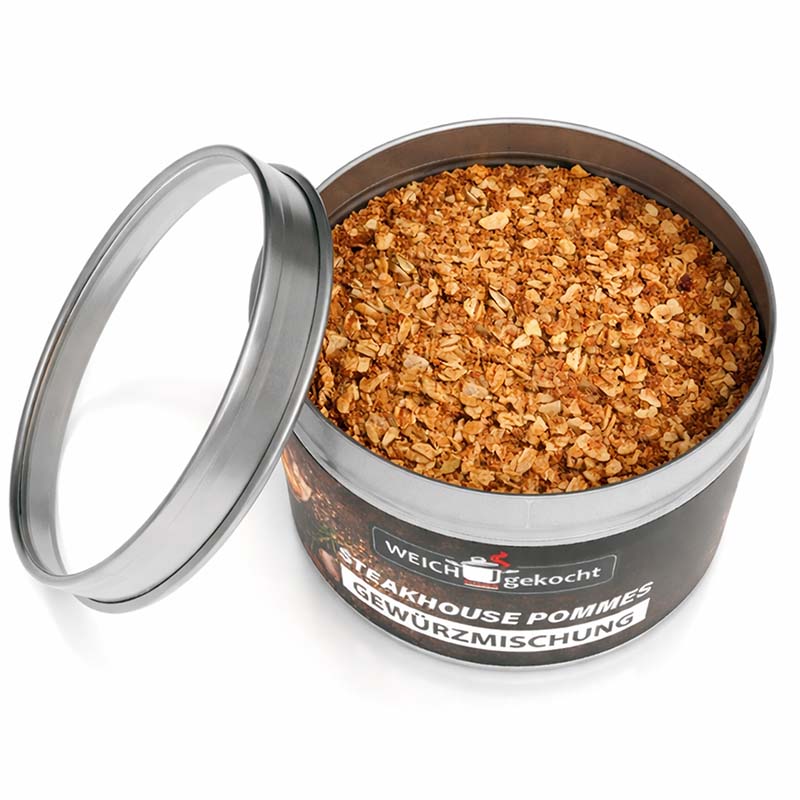 Steakhouse Pommes Gewürzmischung, Barbecue Style, 100 g, in geöffneter Dose; perfekt für würzige Pommes und Grillgerichte; ideal für BBQ-Liebhaber und Küchenchefs; hochwertige Gewürze für intensiven Geschmack; kulinarisches Highlight für jede Speise.