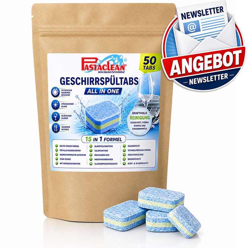 Pastaclean All-In-One Geschirrspültabs 50 Tabs zur kraftvollen Fettlösung und Glanzreinigung in Spülmaschinen, geeignet für alle Wasserhärten, bewirkt strahlende Gläser und reduziert Kalkablagerungen.