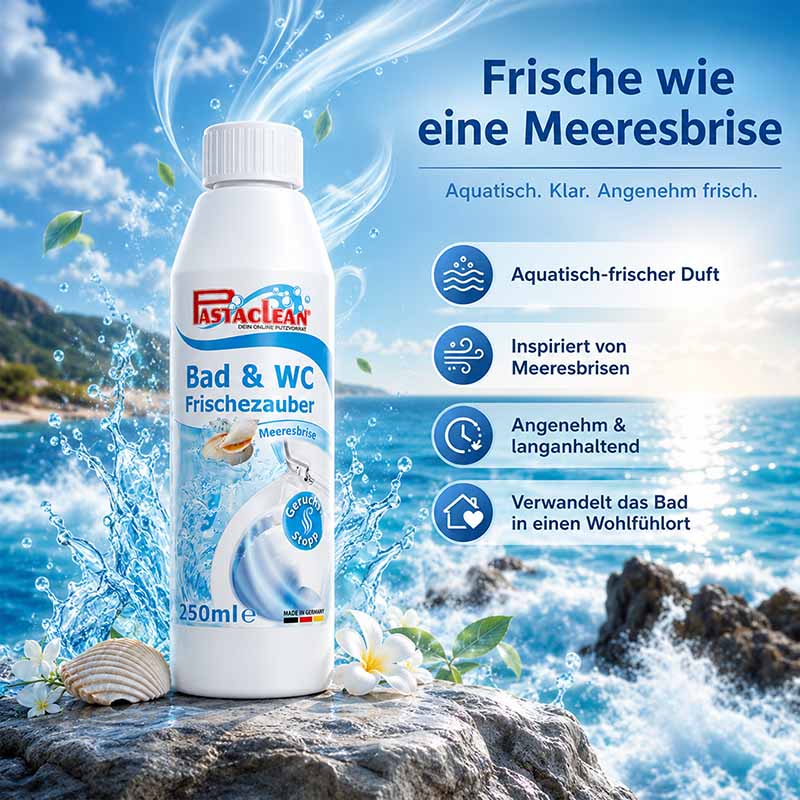 Bad & WC Frischezauber Duftspray Meeresbrise 2x250ml, aquatischer Duft, inspiriert von Meeresbrisen, angenehm und langanhaltend, verwandelt Bad in Wohlfühlort, PastiClean, Geruchsstopp, Made in Germany, Badezimmerfrische, Lufterfrischer.