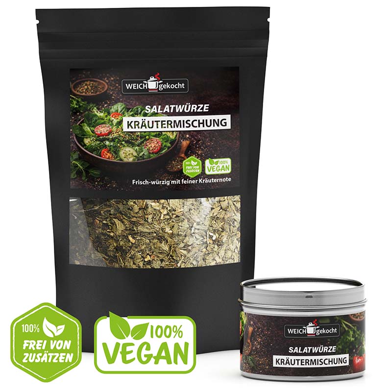 Salatwürze Gewürze Set 100 g, Kräutermischung im Beutel mit Dose, vegan, ohne Zusätze, ideal für Salate, würzig und frisch, feine Kräuternote, hochwertige Zutaten. Perfekt für gesundes, geschmackvolles Würzen.