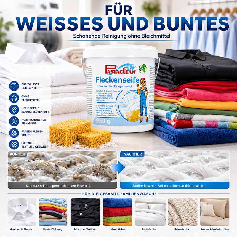 Pastaclean Fleckenseife 950g, effektive Ochsen Gallseife zur Fleckenentfernung, geeignet für Weißes und Buntes ohne Bleichmittel. Hohe Fett- und Schmutzlösekraft, faserschonende Reinigung, Farben bleiben kräftig, für viele Textilien geeignet.