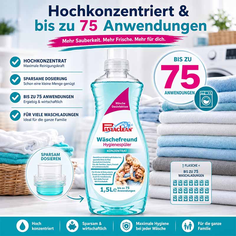 Wäschefreund Hygienespüler 1,5 Liter, hochkonzentriert, bis zu 75 Waschladungen, sparsame Dosierung, maximale Hygiene, geeignet für Familie, Wäsche-Desinfektion, saubere und frische Wäsche, ergiebig und wirtschaftlich, Pastaclean Produkt.