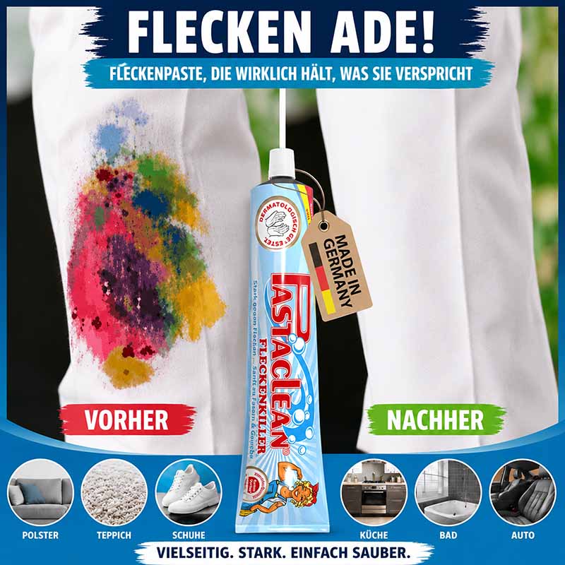Fleckenpaste Fleckenentferner, 4x 100ml, wirksam gegen Flecken auf Polster, Teppich, Schuhe, Küche, Bad, Auto, dermatologisch getestet, Made in Germany, vielseitig einsetzbar, einfache Anwendung, starke Reinigungskraft, vorher-nachher Effekt.