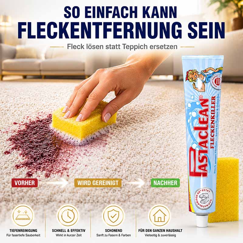 Fleckenpaste Fleckenentferner 4x 100ml, effektive Tiefenreinigung, schonend für Fasern und Farben, vielseitig und zuverlässig für den Haushalt, schnelle Wirkung auf Teppich, Pastaclean reinigen, gelber Reinigungsschwamm, vorher-nachher Effekt auf Flecken.