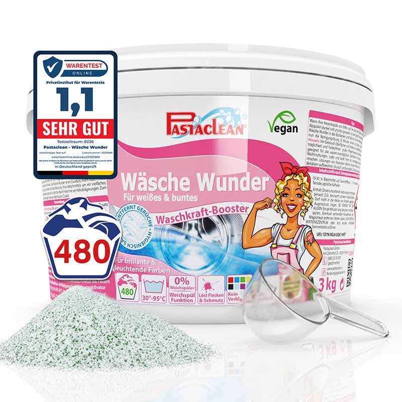 Wäsche Wunder Waschkraftverstärker 480WL, 3 Kg, Waschkraft-Booster, Pastaclean, vegan, für Weißes und Buntes, entfernt Gerüche, für brillante Farben, für Waschtemperaturen 30°-95°C, keine Weichspülerfunktion, Testurteil sehr gut.