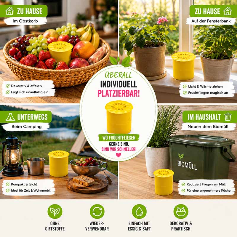Effektive Fruchtfliegenfalle ohne Gift, 4 Stück, vielseitig platzierbar im Obstkorb, auf der Fensterbank, beim Camping, neben Biotonne, wiederverwendbar, einfach mit Essig und Saft, dekorativ, praktisch, reduziert Fliegen.