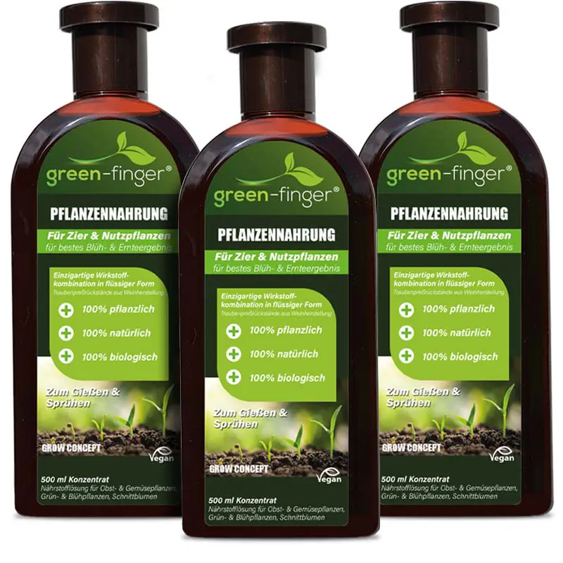 GREEN-FINGER Pflanzennahrung Konzentrat für Grünpflanzen, 100% pflanzlich und biologisch, 3x 500 ml Flaschen, geeignet für Zier- und Nutzpflanzen, zum Gießen und Sprühen.