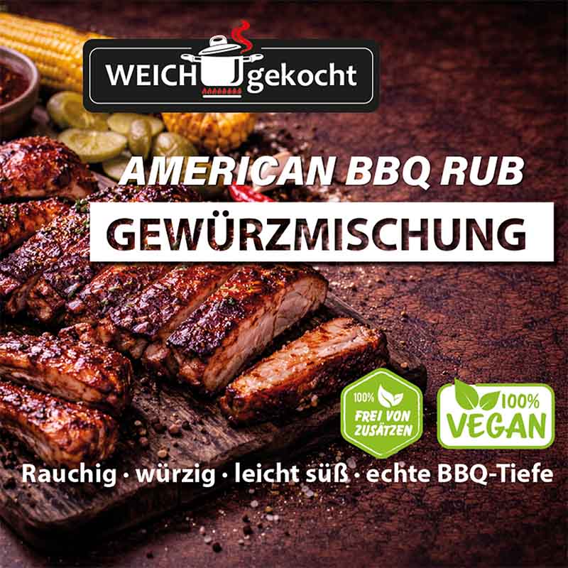 American BBQ Rub Gewürzmischung Set, rauchig würzig, vegan, 100 g Dose. Perfekt für Grillen und BBQ, verleiht Fleisch eine echte BBQ-Tiefe. Frei von Zusatzstoffen, leicht süß, ideal für authentischen American Barbecue Geschmack.