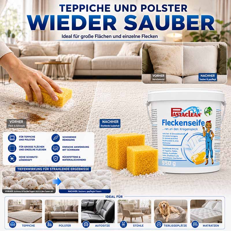 Pastaclean Fleckenseife, Ochsen Gallseife, 950g, für Teppiche, Polster, Autositze, Stühle, Matratzen, effektive Fleckentfernung, Tiefenwirkung, schonende Reinigung, hohe Schmutzlösekraft, einfache Anwendung, saubere Pflege von Oberflächen.
