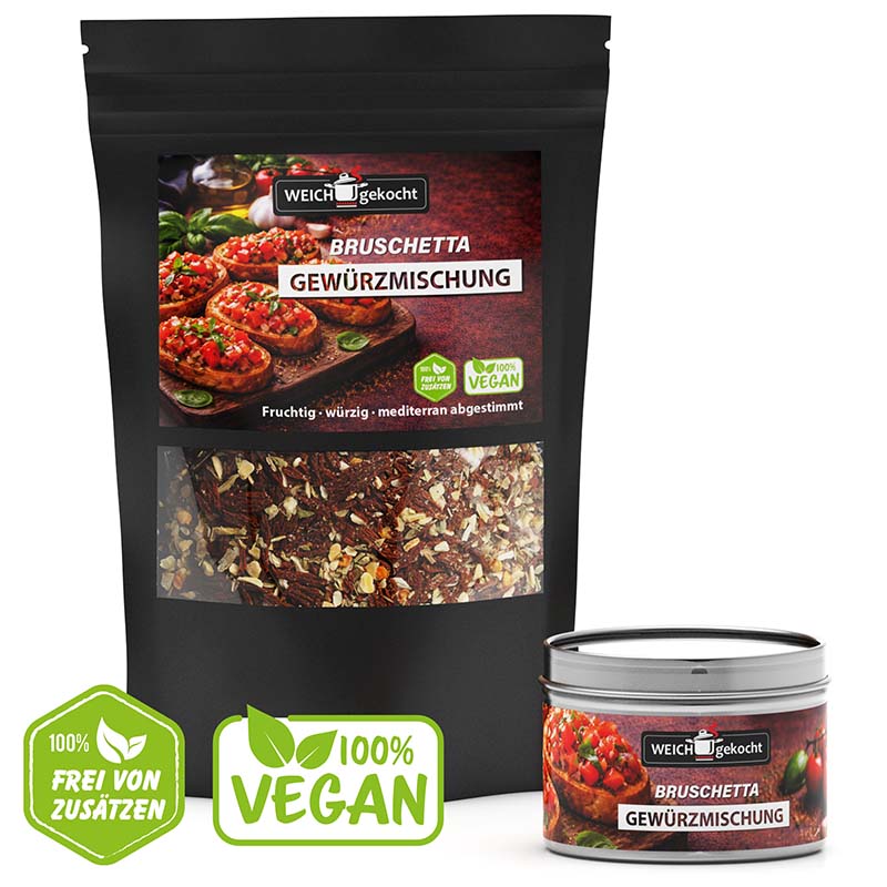 Bruschetta Gewürze Set mit 100 g Würzmischung und Dose, vegan, mediterran, fruchtig-würzig, frei von Zusätzen, ideal für italienische Küche und Antipasti.