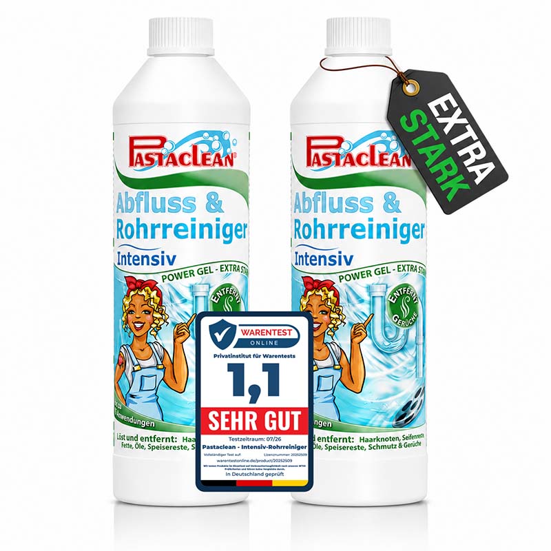 Pastaclean Intensiv Abfluss- und Rohrreiniger, Power Gel extra stark für effektive Entfernung von Haaren, Fett und Seifenresten in Abflüssen, neutralisiert Gerüche, Verpackung 2x 750ml