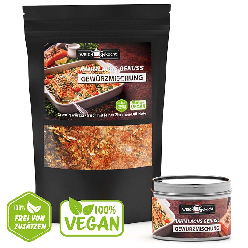 Rahmlachs Genuss Gewürzmischung Set, vegan, 100 g, mit Dose, mit Zitronen-Dill-Note, cremig würzig, frei von Zusatzstoffen, ideal für Lachsgerichte, hochwertige Gewürze für Fisch, aromatisch, frische Note, vielseitig einsetzbar, Gourmet-Qualität.