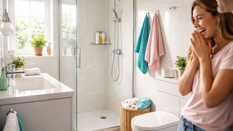 Strahlend sauberes Badezimmer mit glänzenden Armaturen, klarer Duschwand und ordentlich aufgehängten türkisen und pinken Handtüchern – emotionale Übergabe nach einem Einsatz der Putz-Polizei Reality-Show in Deutschland.