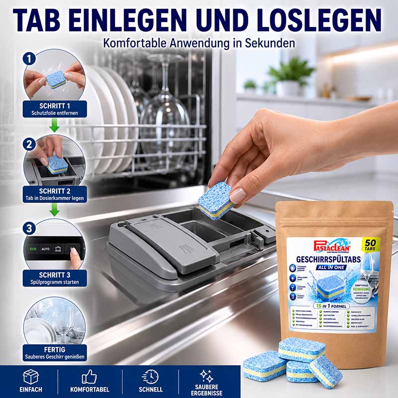 Spülmaschinentabs 50 Stück All-In-One, Geschirrspültabs mit starker Fettlösekraft, Anwendungsschritte für einfachen Gebrauch in Spülmaschine, Verpackung und Tabs, schnelle und saubere Spülergebnisse, komfortable Anwendung in Sekunden.