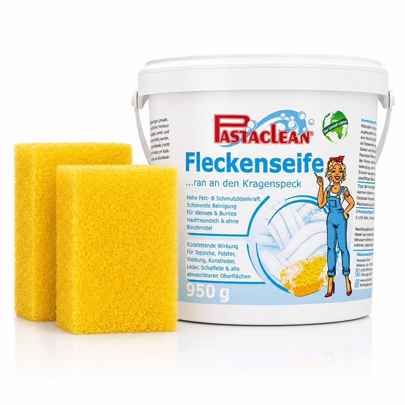 Pastaclean Fleckenseife 950g, Gallseife, effektive Reinigung, hohe Fett- und Schmutzlösekraft, Hautfreundlich, für weißes und buntes, Teppiche, Polster, Kleidung, Kunstleder, abwaschbare Oberflächen, gelbe Schwämme inklusive