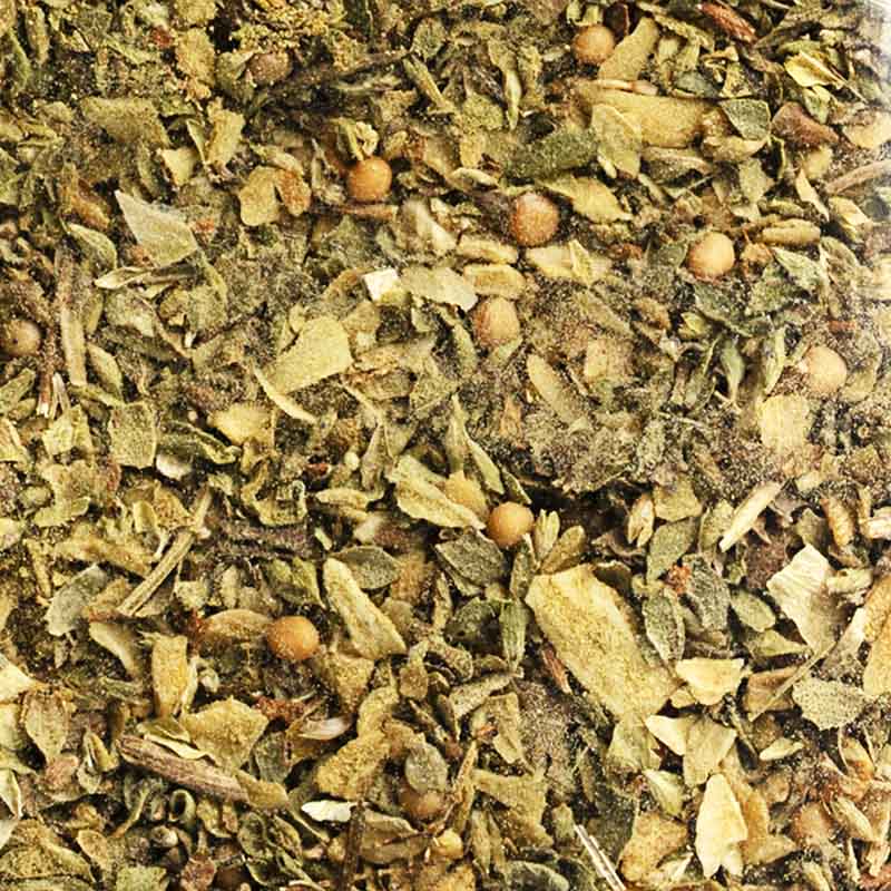 Griechisches Gewürzset, Kräutermischung, Nahaufnahme, 100 g, aromatische Kräuter, Küche, Kochen, mediterrane Gewürze, kulinarischer Genuss, Kochzutat, hochwertige Kräutermischung, Kochkunst, Gastronomie, getrocknete Kräuter, traditionell.