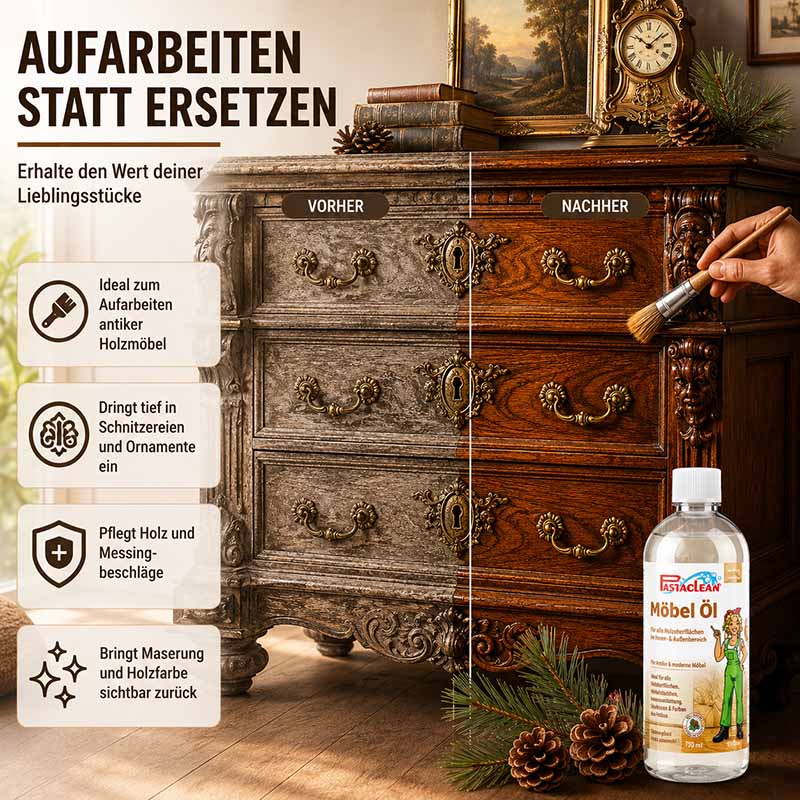 Pastaclean Möbelöl mit Pinie 750 ml zum Aufarbeiten von antiken Holzmöbeln, dringt tief in Schnitzereien und Ornamente ein, pflegt Holz und Messingbeschläge, bringt Maserung und Holzfarbe sichtbar zurück.
