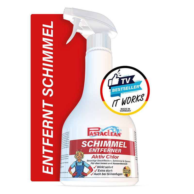 Schimmelentferner Sprayflasche, Marke Pastaclean, aktiv Chlor, zur Beseitigung von Schimmel und Stockflecken für Innen- und Außenbereich, kennzeichnet mit "entfernt Schimmel", Bestseller-Siegel, wirkt sofort, extra stark, Made in Germany.