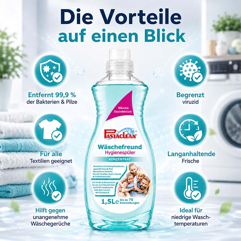 Wäschefreund Hygienespüler 1,5 Liter, entfernt 99,9 % Bakterien und Pilze, für alle Textilien geeignet, begrenzt viruzid, langanhaltende Frische, hilft gegen schlechte Gerüche, ideal für niedrige Waschtemperaturen, bis 75 Anwendungen