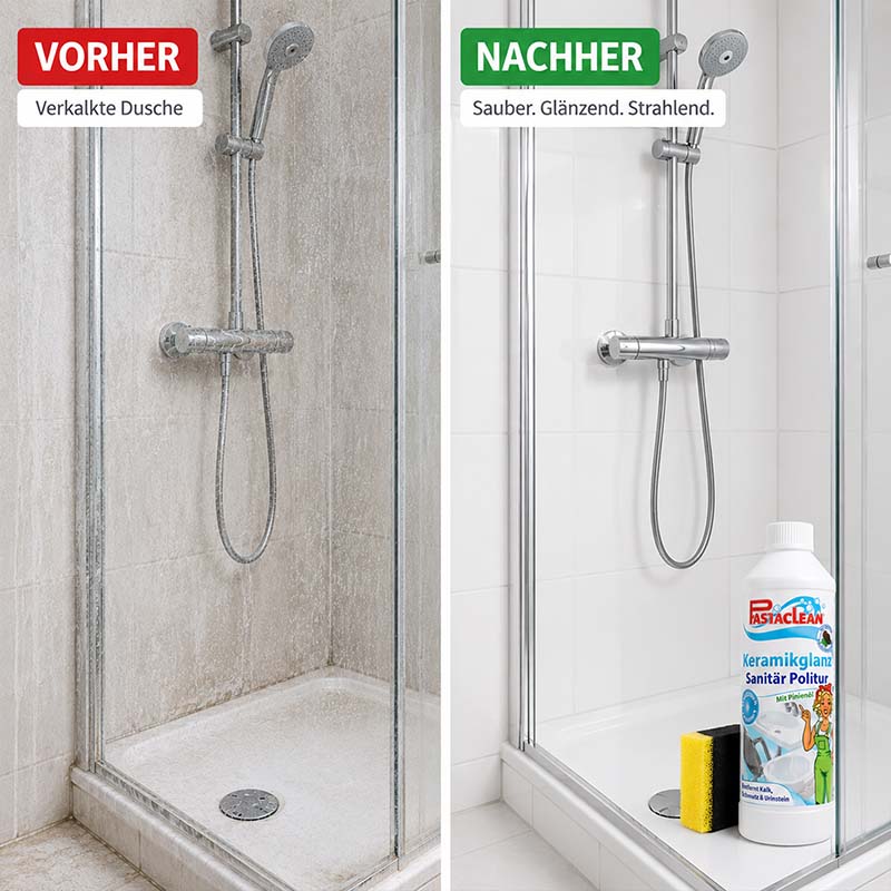 Vorher-nachher Bild einer verkrusteten und einer sauberen Duschkabine mit Pastaclean Keramikglanz Sanitärpolitur, 2x 500ml, Badreiniger mit Pinienöl, für glänzende und strahlende Sauberkeit im Badezimmer.