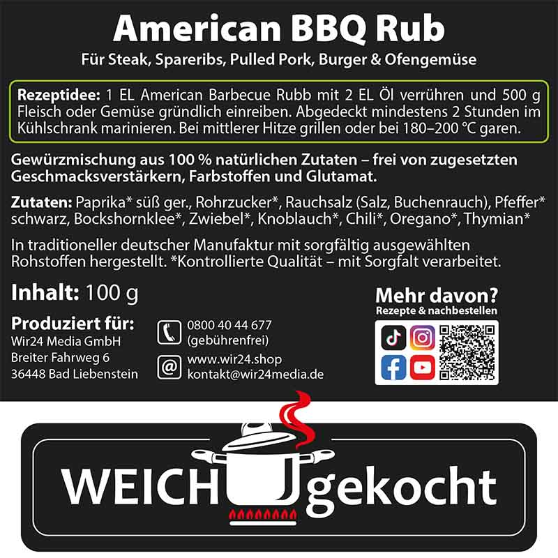 American-BBQ Rub Gewürze Set Etikett, 100 g, Zutatenliste: Paprika, Rohrzucker, Rauchsalz, Pfeffer, Bockshornklee, Zwiebel, Knoblauch, Chili, Oregano, Thymian; Rezeptidee für Steak, Spareribs, Pulled Pork, Burger, Ofengemüse
