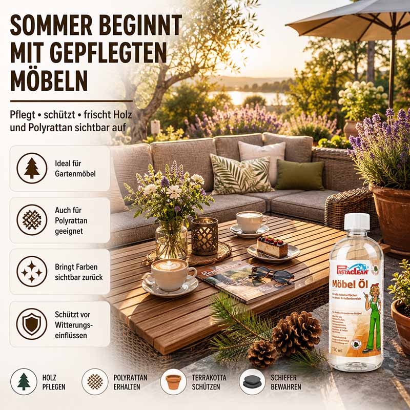 Pastaclean Möbelöl Pinie 750 ml zur Pflege und Auffrischung von Holz und Polyrattan, ideal für Gartenmöbel, schützt vor Witterungseinflüssen und bringt Farben zurück