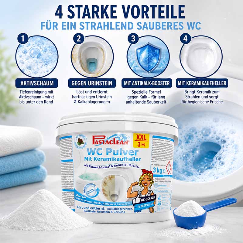 Pastaclean WC Pulver 3kg mit Keramikaufheller, Antikalk-Booster, Reiniger gegen Urinstein, Aktivschaum für WC-Reinigung. Ideal für Toilette, Urinale, Bidets, Abflüsse. Hygienische Frische, strahlende Keramik, wirksam gegen Kalk- und Rostablagerungen.