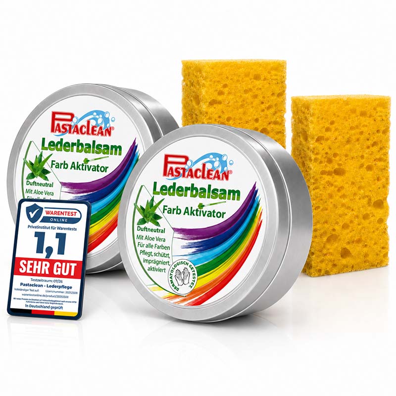 Pastaclean Lederpflege Set mit Farbakktivator, 2x 250 ml, für die Pflege und Imprägnierung von Leder, enthält Aloe Vera, ideal für alle Farben, duftneutral, inklusive Schwämme für effiziente Reinigungsergebnisse