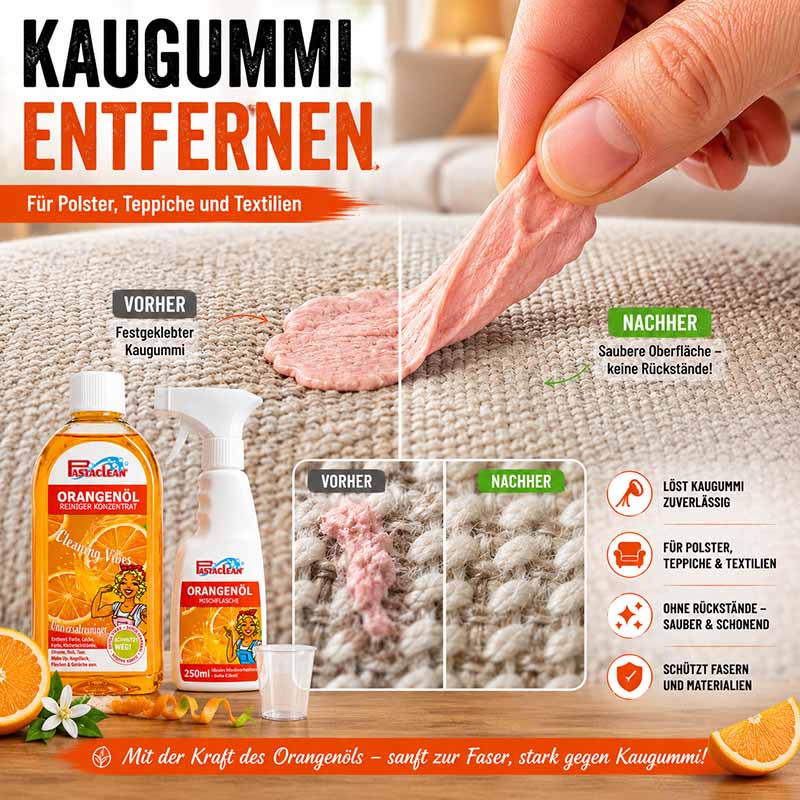 Pastaclean Orangenöl Reiniger Konzentrat zur Entfernung von Kaugummi auf Polstern, Teppichen und Textilien, löst zuverlässig Verunreinigungen, schont Fasern, ideal für eine saubere und rückstandsfreie Reinigung.