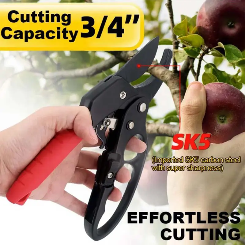 GREEN-FINGER Gartenschere mit Ratsche aus Carbon Stahl, Teflon beschichtet, geeignet für schnelles und müheloses Schneiden von Ästen bis 3/4 Zoll, ideal für Gartenpflege und präzises Arbeiten.