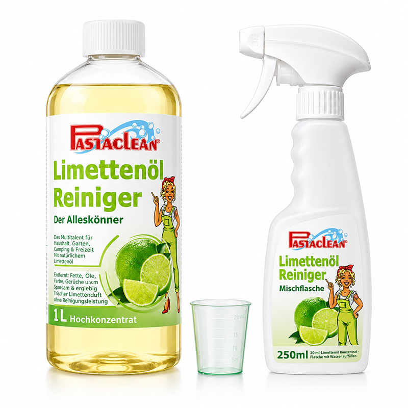 PastaClean Limettenöl Reiniger Konzentrat 1 Liter und 250 ml Sprühflasche mit frischem Limettenduft, Hochkonzentrat für Haushalt und Garten, entfernt Fette und Öle, inklusive Messbecher для präzises Mischen.