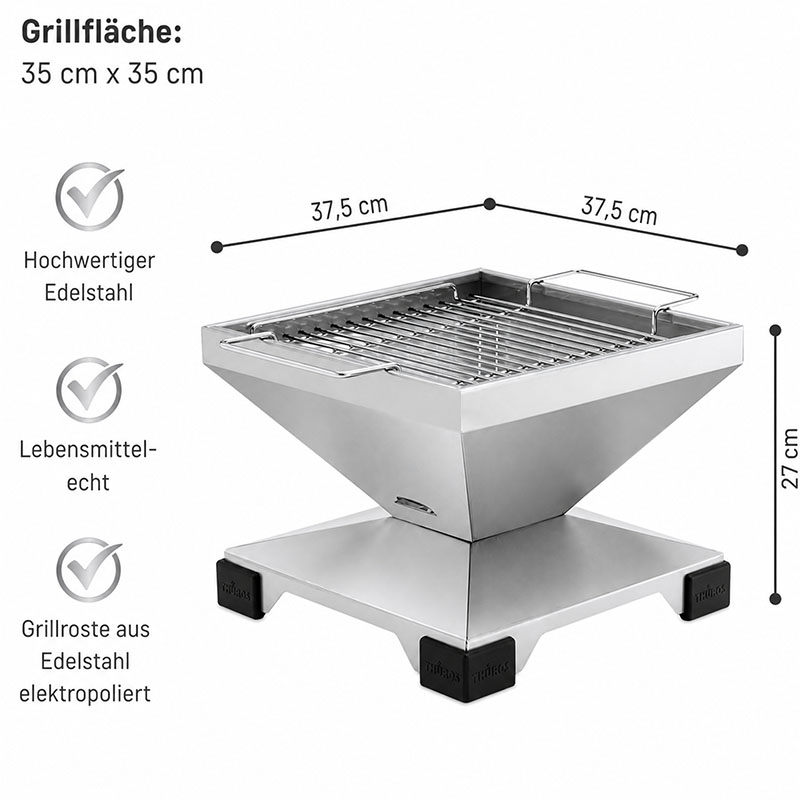 THÜROS T2 Edelstahl Tischgrill 35x35 cm, kompakter Holzkohlegrill, Grillfläche 35x35 cm, ideal für Balkon, Garten, unterwegs, hochwertiger Edelstahl, lebensmittelecht, Grillroste elektropoliert