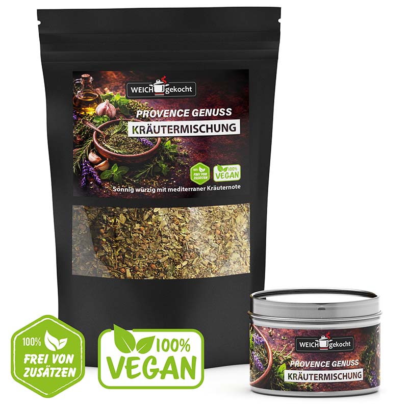 Provence Genuss Gewürze Set, 100 g Kräutermischung, mediterrane Würzmischung, vegan, frei von Zusätzen, inklusive Dose, aromatische Kräuter, ideal für die Küche, mediterrane Aromen, hochwertige Zutaten, Weichgekocht Marke.