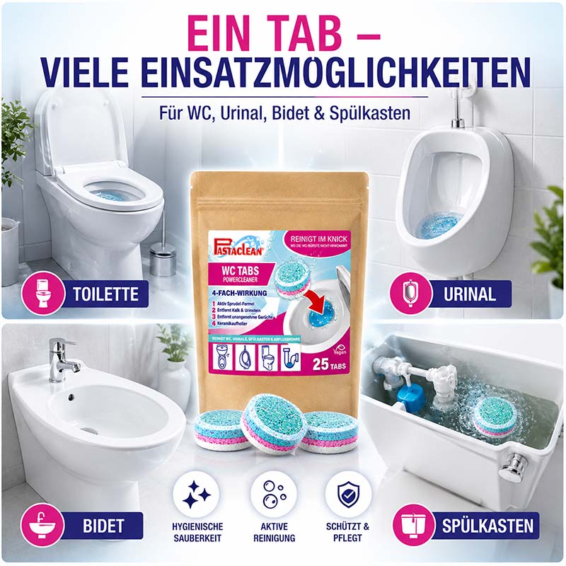 WC Tabs - WC-Reiniger für Toiletten, Spülkasten und Urinale, 25 Stück. Geeignet für Bidet und Spülkasten. Hygienische Sauberkeit, aktive Reinigung, schützt und pflegt. 4-fach-Wirkung, entfernt Kalk und Urinstein, sorgt für frischen Duft.