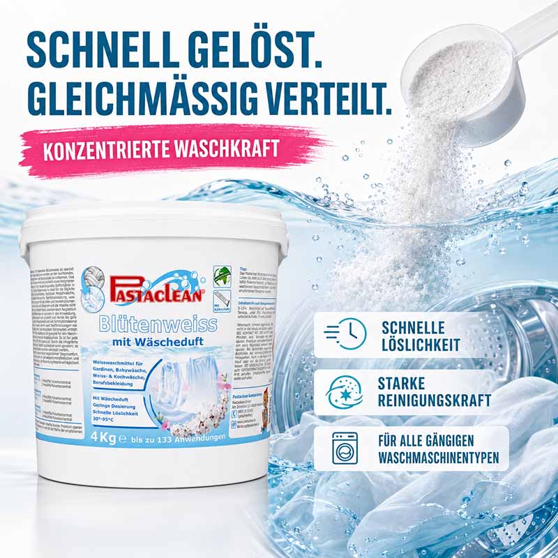 Pastaclean Blütenweiss Weißwaschmittel mit Wäscheduft, 4Kg, für weiße Kleidung, geeignet für alle Waschmaschinentypen, schnelle Löslichkeit, starke Reinigungskraft bis 95°C für Gardinen, Bettwäsche und Arbeitskleidung.