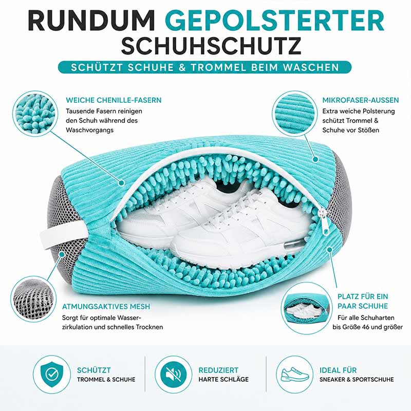 Schuh Waschbeutel Waschmaschine, gepolsterter Wäschesack für Schuhe, Sneaker, Sportschuhe, Chenillefasern, Mikrofaser außen, schützt Trommel, atmungsaktives Mesh, reduziert Schläge, platzsparend, geeignet für Schuhe bis Größe 46, ideal für Waschmaschinen.