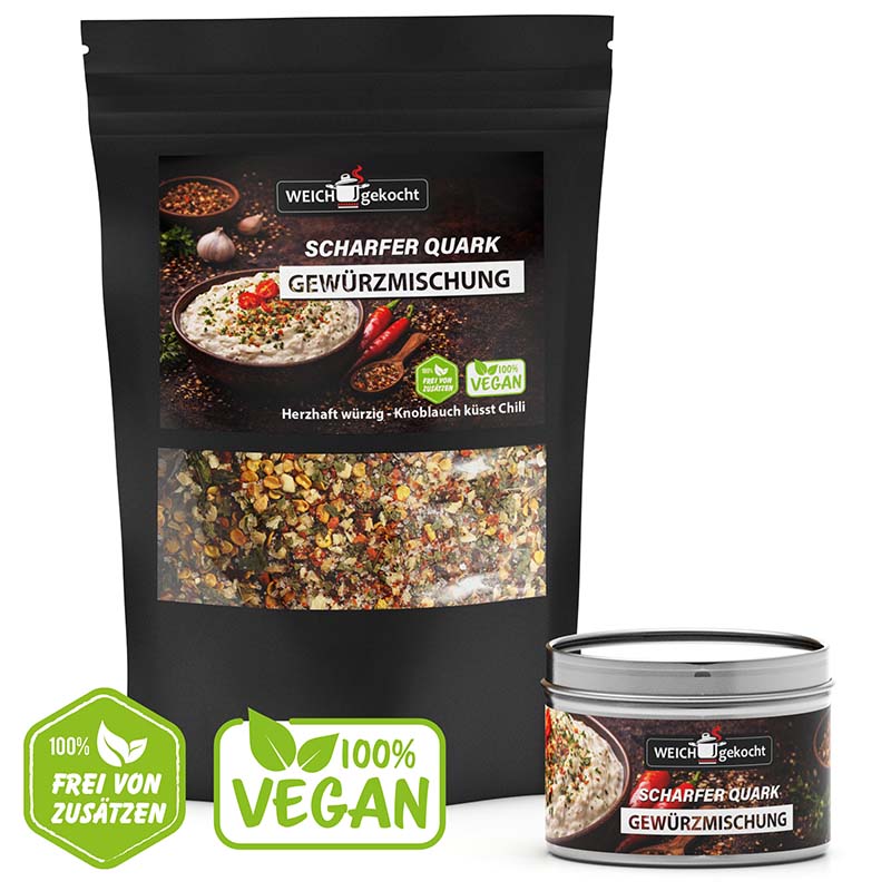 Scharfer Quark Gewürze Set, 100 g Packung und Dose vegan, frei von Zusätzen, Gewürzmischung für Quark, würzig, Knoblauch, Chili, Weichgekocht Markenverpackung, Küchenzubehör, Würzen, Kochen, Essen, Würze, Lebensmittel, Speisen, lecker, gesund