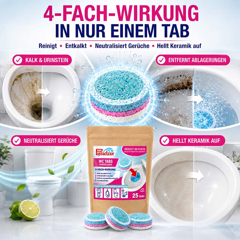 WC Tabs - WC-Reiniger für Toiletten, Spülkasten und Urinale, 25 Stück, 4-fach Wirkung reinigt, entfernt Kalk und Urinstein, neutralisiert Gerüche, hellt Keramik auf, hygienische Sauberkeit, einfache Anwendung, kraftvolle Reinigung