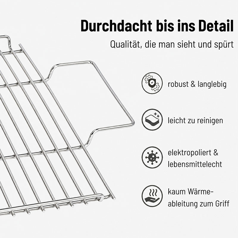 THÜROS T3 Edelstahl Holzkohlegrill, 42x42 cm Grillfläche, robuste Bauweise, leicht zu reinigen, elektropoliert, lebensmittelecht, minimierte Wärmeableitung, ideal für Outdoor-Grillen, langlebiger BBQ-Grill, hochwertige Materialien