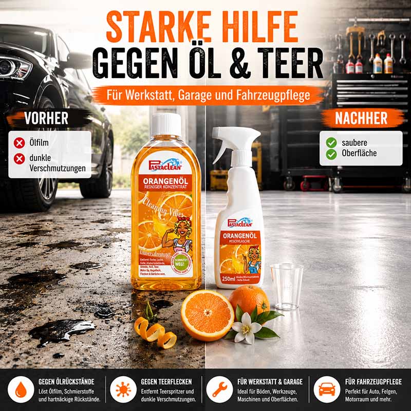Pastaclean Orangenöl Reiniger Konzentrat für Werkstatt, Garage und Fahrzeugpflege, ideal zur Entfernung von Öl, Teer und dunklen Verschmutzungen auf Böden, Werkzeugen und Oberflächen.